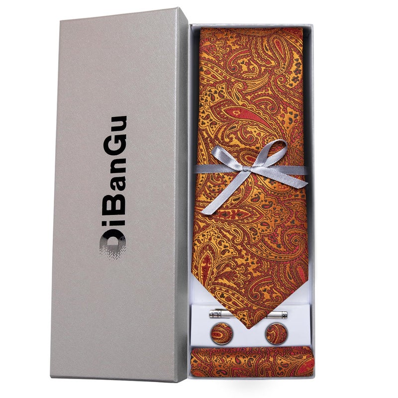 DiBanGu Paisley Ties for Men Silk Necktie and Pocket Square Cufflinks Tie Clip Set Woven Classic Mens Tie for Wedding Party, Burnt Orange - Image 3